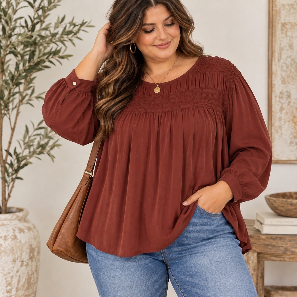 J. Jill XL Rust Brown Smocked Yoke Long Sleeve Blouse Ecovero Viscose